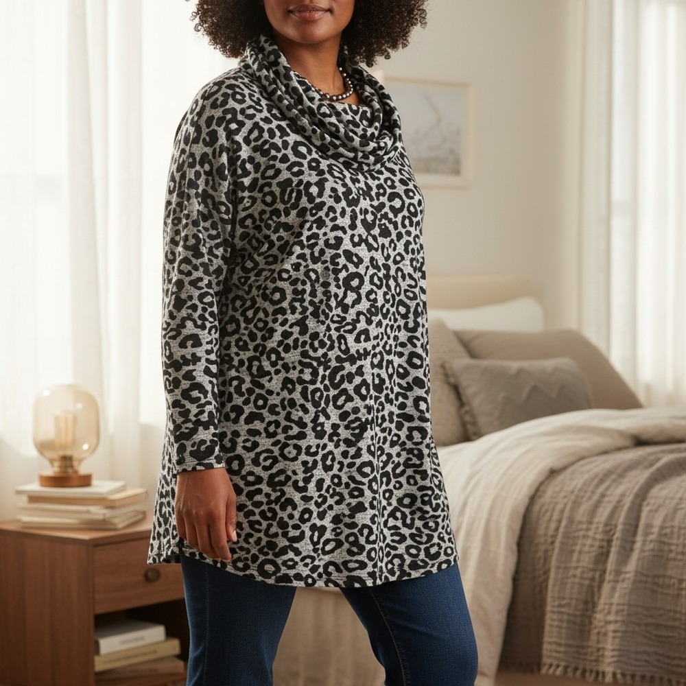C.D. Daniels Cowl Neck Tunic Sweater 3XL Animal Print Embellished Knit Glam Chic